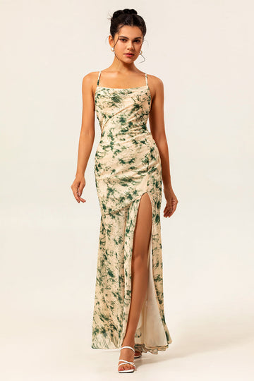 Robe de demoiselle d’honneur imprimée sirène florale champagne avec fente